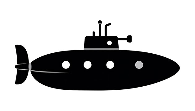 Simple, stylized illustration of a black submarine, featuring a conning tower, periscope, and circular windows