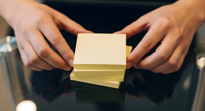 A person's hands carefully stack and arrange a neat pile of yellow sticky notes on a reflective dark surface, symbolizing organization and planning.