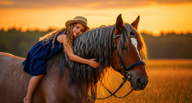 Little girl in a straw hat hugging a brown horse at sunset. Child sharing a tender moment with her pony in a golden field. Friendship and animal therapy concept for family and nature marketing.