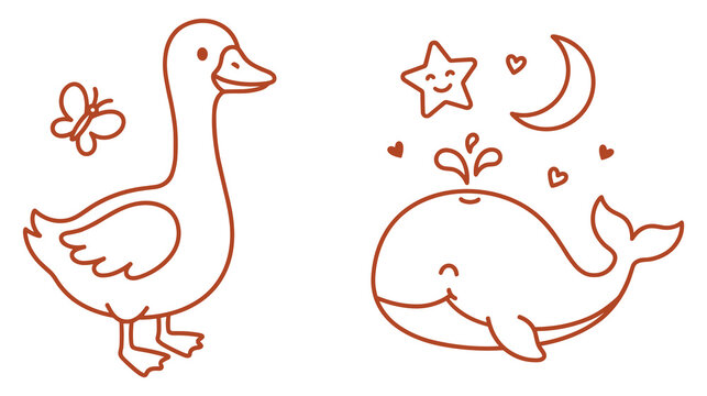 Goose and whale coloring page for kids with star and moon characters.