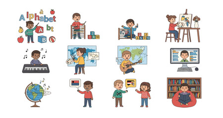 Naklejka premium children learning activities illustrations on transparent background