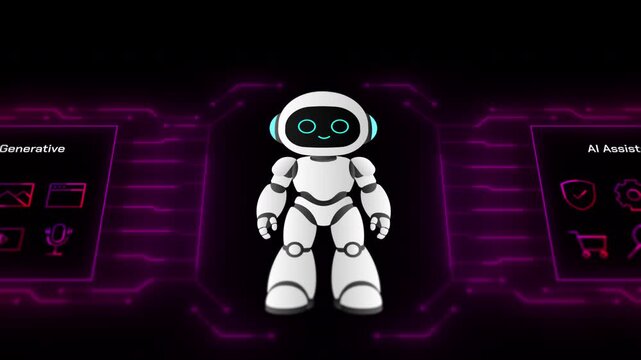 Detailed view of a white robot character centered in a glowing purple cyberspace with circuit board patterns.