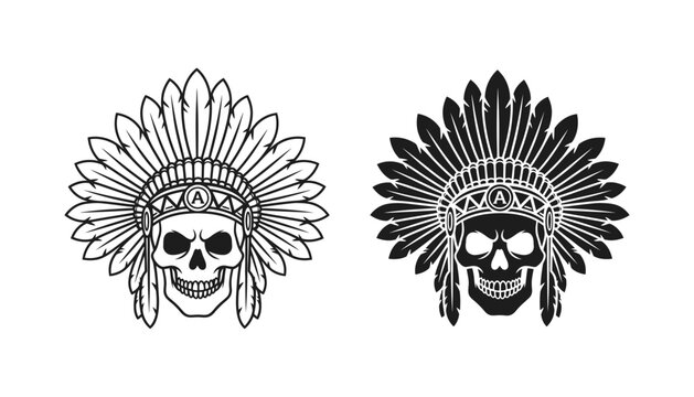 Skull wearing native american war bonnet icon as vector illustration for edgy branding