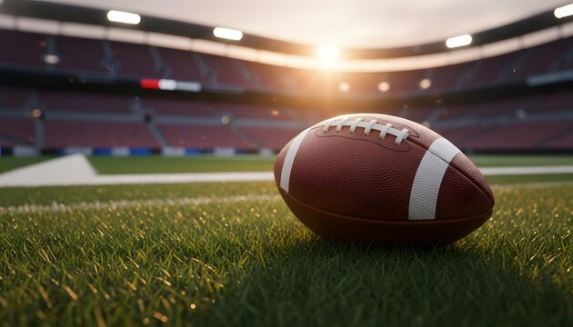 Close up photography of american football game ball on stadium grass for NFL Draft selection concept, representing sports competition and professional athlete career beginnings