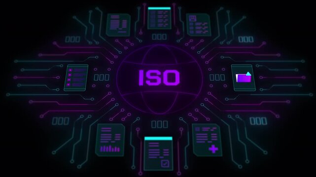 High tech interface featuring ISO standards for information security with peripheral data panels and file nodes.