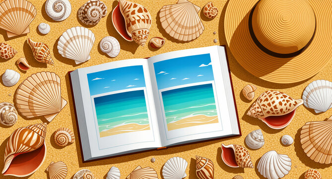 Open photo album showing beach pictures surrounded by seashells and a straw hat on sand. Flat lay illustration capturing summer travel memories. Great for tourism and holiday marketing concepts.
