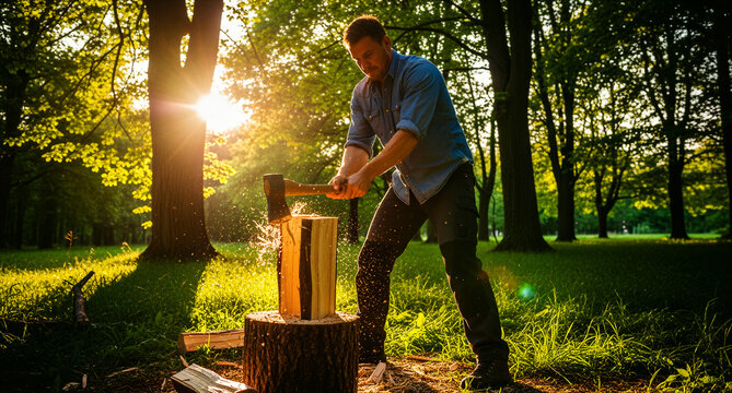 Man chopping wood with an axe in a forest at sunset. Lumberjack splitting logs for firewood on a tree stump. Rural outdoor lifestyle and manual labor concept, ideal for energy and heating ads.