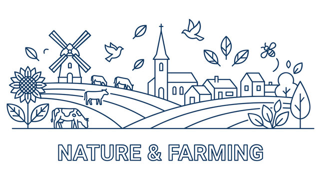 Nature and farming scenic landscape with windmill church and animals.
