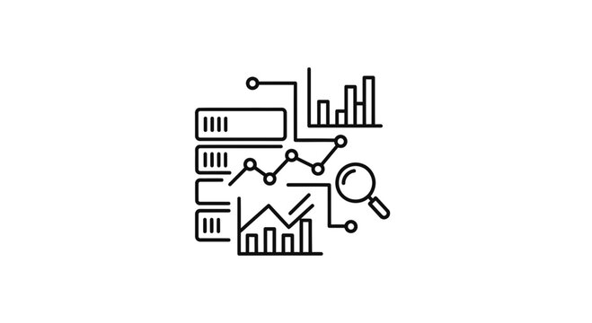 Data Analysis and Statistics Icon: Charts, Graphs, Magnifying Glass, Server