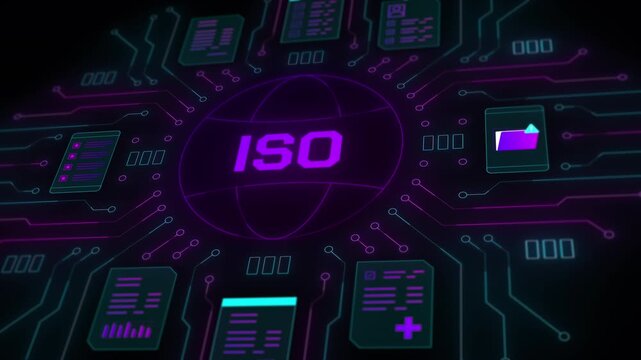 ISO logo centered on a glowing sphere with radiating circuit paths and virtual data storage symbols.