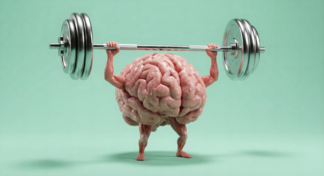 Cinematic medium shot of a pink human brain with tiny arms and legs lifting a heavy chrome barbell over its head