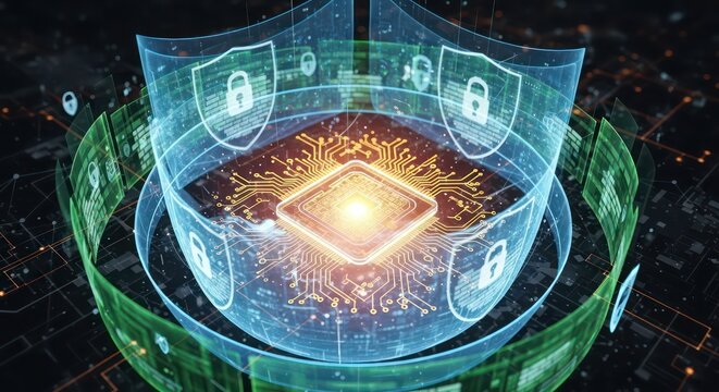 Holographic Shields Protecting Glowing Digital Core.