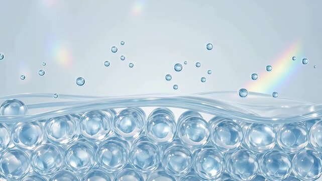 3D transparent water waves and blue micro bubble cellular structure with splashing droplets and rainbow flare on a light background. Digital render ideal for skincare moisturizing serums, hyaluronic a