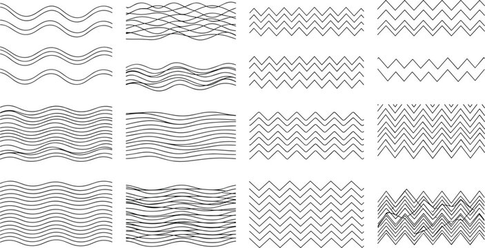 Abstract wavy and zigzag line pattern collection with geometric striped elements in minimalist vector design set