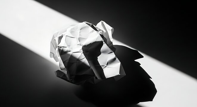 A high-contrast black and white shot of a crumpled piece of paper sitting under a harsh beam of light, symbolizing discarded ideas, failure, or a fresh start