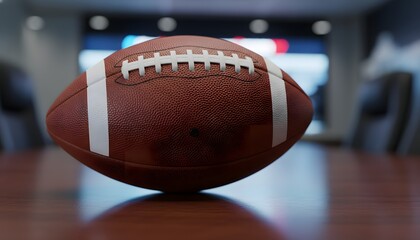 Naklejka premium Color image of a professional usa football on a boardroom table for an nfl draft event concept, representing sports business strategy and recruitment decisions