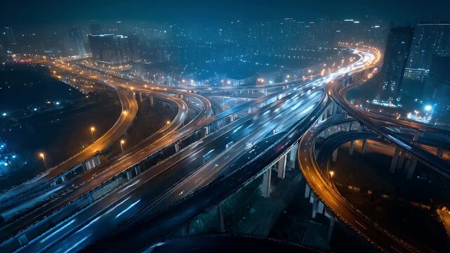 A mesmerizing time-lapse video showcases an intricate highway interchange at night, with a dynamic flow of traffic creating vibrant light trails, reflecting urban energy.