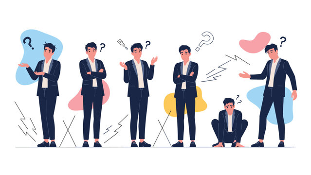 Businessman in a dark suit depicted in multiple poses showing confusion, frustration, and uncertainty with question marks around him.