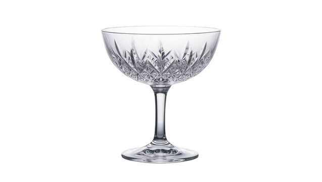 Crystal coupe glass with intricate geometric cuts, isolated on transparent background