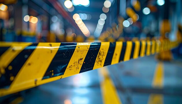 Vivid yellow and black striped safety barrier indicating caution and operational zones within a modern industrial manufacturing facility