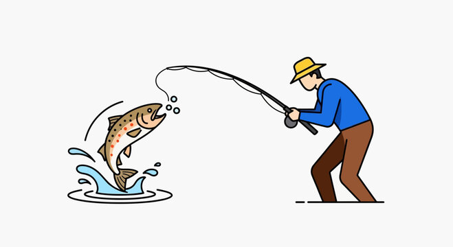 Fisherman catches jumping trout fish on fishing rod, outdoor hobby, active lifestyle