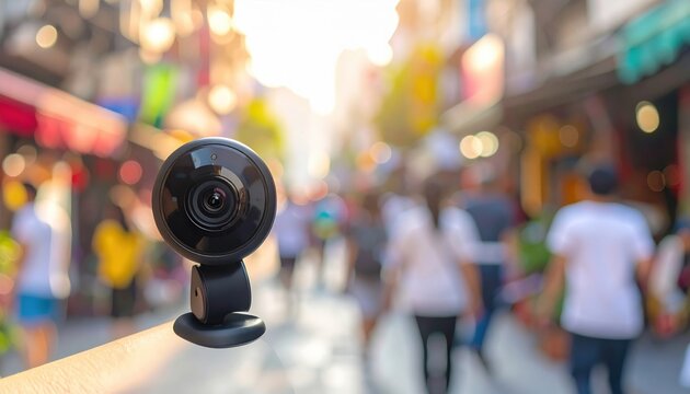A black, compact camera with a swivel base stands in focus against a blurred, bustling street scene.