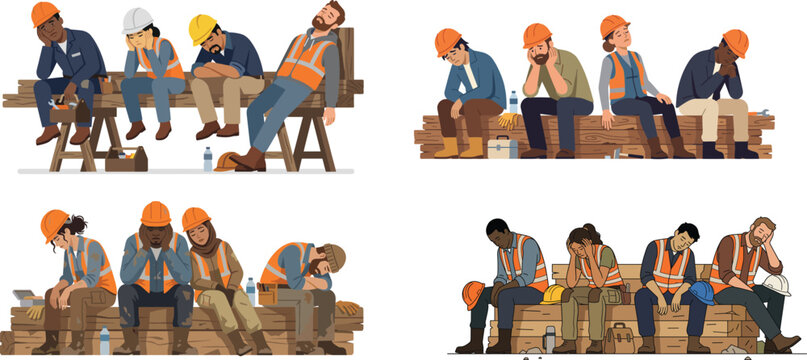 Exhausted Construction Workers Sitting on Timber Flat Vector Illustration for Occupational Burnout and Mental Health