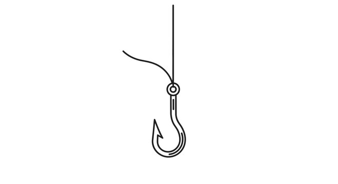 Fishing hook with line hanging, simple illustration, isolated on white background