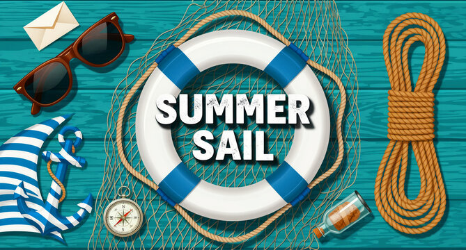 Nautical travel background with a lifebuoy and maritime equipment on teal wood. Sea elements like anchor, compass, and rope create a sailing theme. Ideal for summer cruise and adventure marketing.