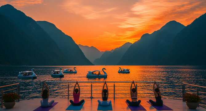 Women practicing yoga on a deck overlooking a mountain lake at sunset. Swan pedal boats float on calm water under a vibrant orange sky. Ideal for wellness retreat and travel marketing.