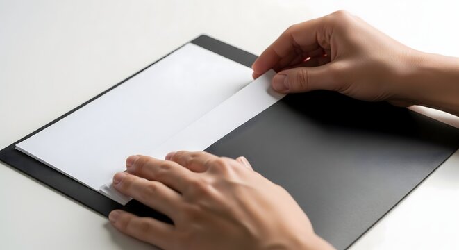 A person's hands are meticulously organizing and inserting a pristine white sheet of paper into a sleek, dark folder on a clean, bright surface, symbolizing order and preparation.