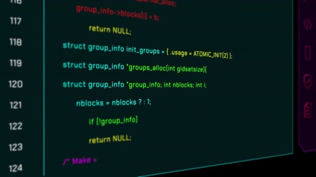 Close up of computer monitor displaying colorful programming script and software development source code in dark mode.