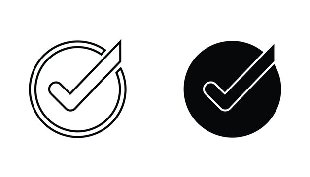 Checkmark inside a circle icon for task completion and approval validation in clean outline and solid black vector design styles