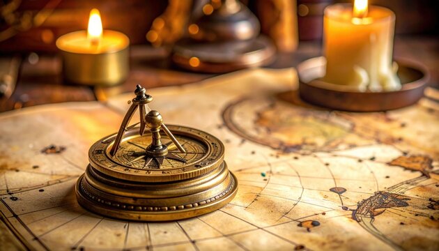 Antique brass astrolabe resting on a vintage map with candles, evoking a sense of exploration and historical navigation.