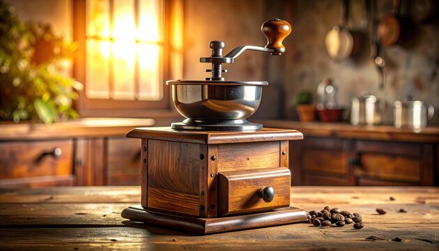 Antique wooden hand-crank coffee grinder with metal hopper and drawer on a rustic table