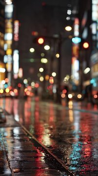 Slow tracking shot of empty rainy city street with bokeh lights