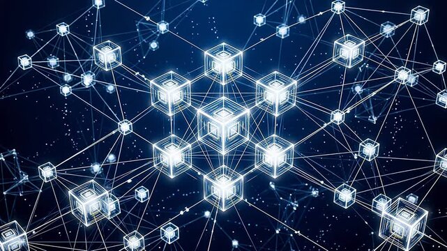 Digital network of glowing cubes emphasizing advanced technology and cybersecurity
