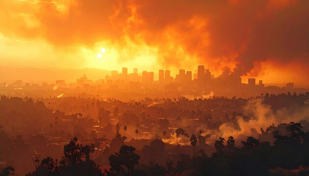 City skyline silhouetted against a dramatic orange sky filled with wildfire smoke and glowing sunlight