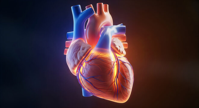 Human heart with glowing blood vessels illustration