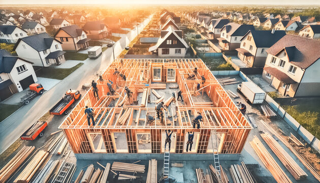 Team of Construction Workers Assembling a Wooden House Frame