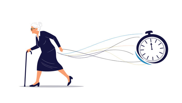 Determined senior woman with a walking cane running towards a large stopwatch representing the race against time and aging health challenges.