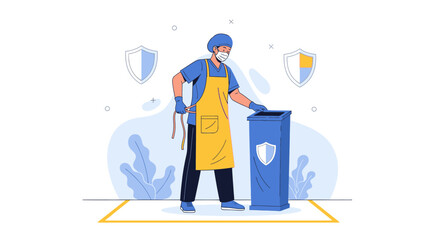 Fototapeta premium Man in protective gear sanitizing public bin, safety measures against virus spread