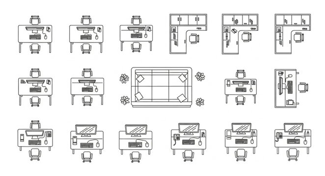 Office Desk Layouts Architectural Plans Top View.