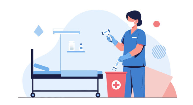 Nurse Disposing Medical Waste in Hospital Room, Healthcare Concept
