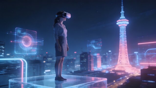 Woman in VR headset with cityscape