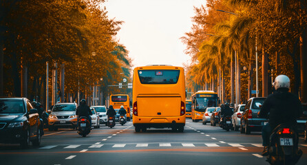 Obraz premium Yellow bus driving in heavy city traffic with motorcycles. Commuters travel along palm tree-lined streets at sunset. Urban transit concept, ideal for travel and transport marketing.