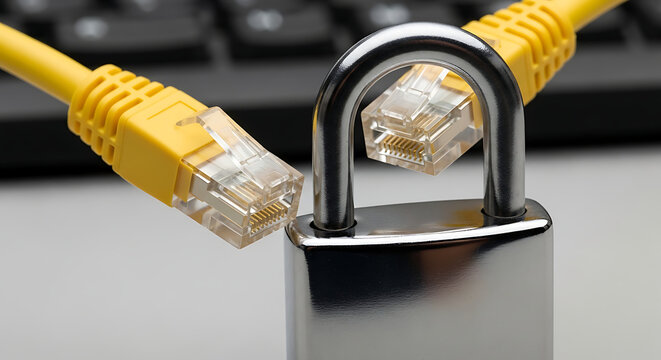 Network security concept Padlock securing two yellow ethernet cables connected to keyboard