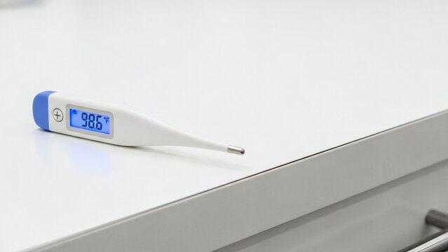 Digital Thermometer Displaying 98.6 Degrees Fahrenheit on a White Surface.