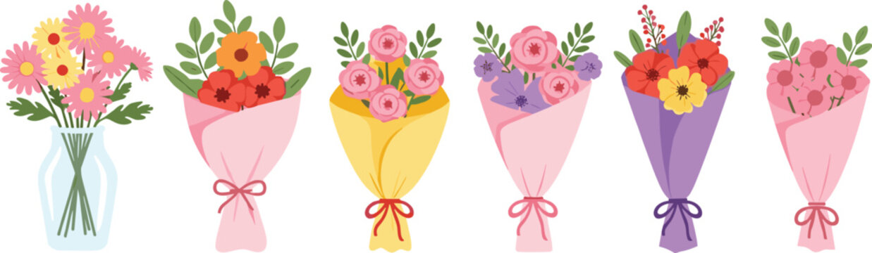 Beautiful flower bouquets collection colorful floral arrangements vector illustration romantic blossom bunches for wedding gift and decoration design