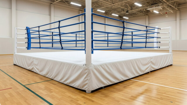 Empty boxing ring in indoor gymnasium.